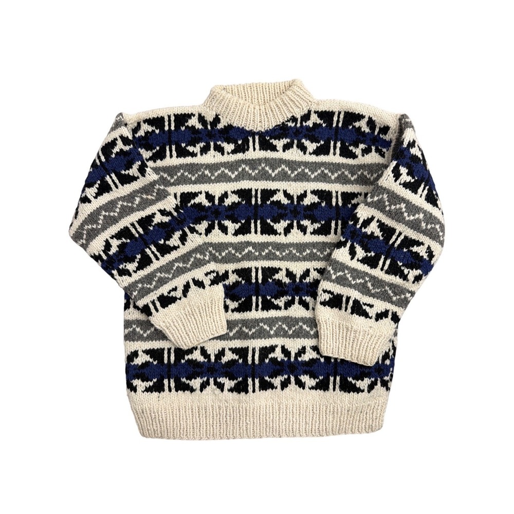 Artesania Hand Knit Wool Sweater Ecuador Fair Isle Geometric Blue Cream Mens XL